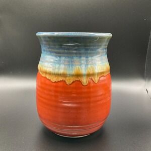 Orange and Blue‎ Handmade Ceramic Vase Drip Glaze MCM Sculpture Artisan Unique